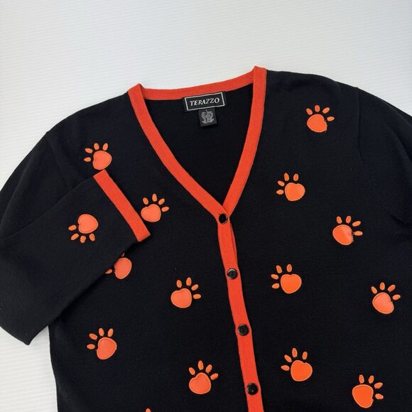 Terazzo Women’s Large Black Cardigan Paw Print Sweater Orange Trim Dog Cat - Picture 2 of 13